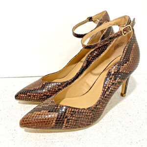 Kaari Blue Lillian Ankle Strap High Heel Pumps Brown Faux Snakeskin Sexy US 6.5M